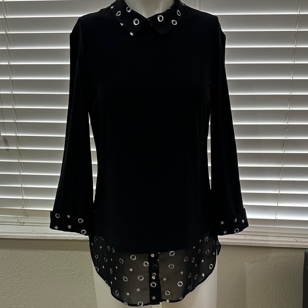 Frank Lyman Design Elegant Black Women's Top with Sheer Accents